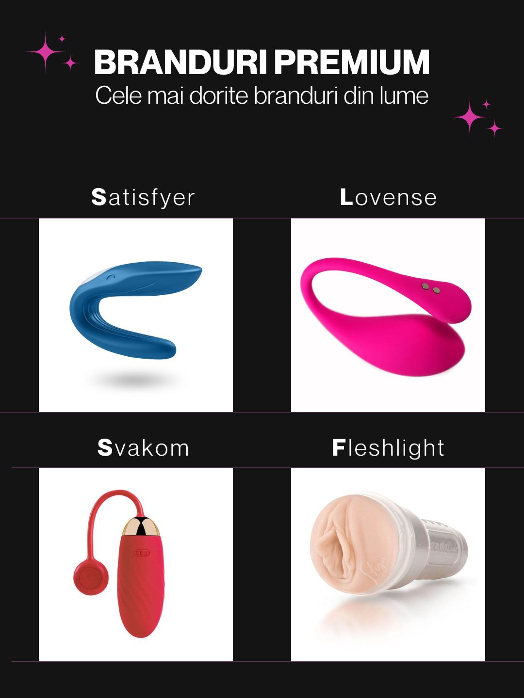 Branduri premium jucării erotice disponibile la My Private Sex Shop: Satisfyer, Lovense, Svakom și Fleshlight