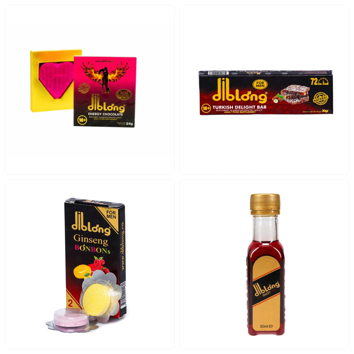 Produse Diblong: Ciocolata Afrodisiaca Diblong Energy For Lady 24g, Baton Afrodisiac Barbati Turkish Delight 30 g., Bomboane Afrodisiace Gingseng Diblong (2 buc), Shot Afrodisiac